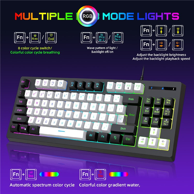 Y-FRUITFUL G69 Gaming Mechanical Feel Keyboard 87 Keys RGB Backlit USB Wired Esports Keyboard - White+Black