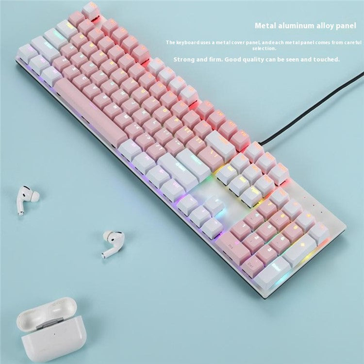 Y-FRUITFUL K135 104-Key RGB Mechanical Keyboard Gaming Office Waterproof Keyboard Blue Switches - White  /  Pink