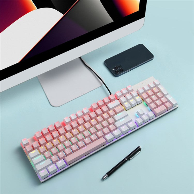 Y-FRUITFUL K135 104-Key RGB Mechanical Keyboard Gaming Office Waterproof Keyboard Blue Switches - White  /  Pink
