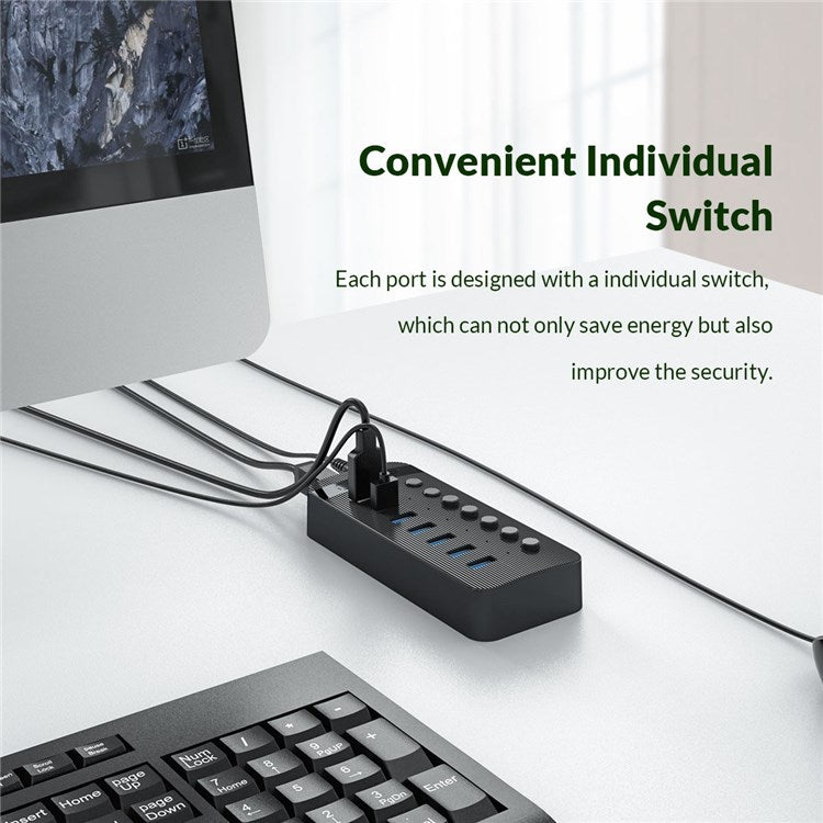 ORICO CT2U3-7AB ABS 7 Port USB3.0 5Gbps High Speed USB Hub 2.4A Charging Splitter with Individual Switches - UK Plug