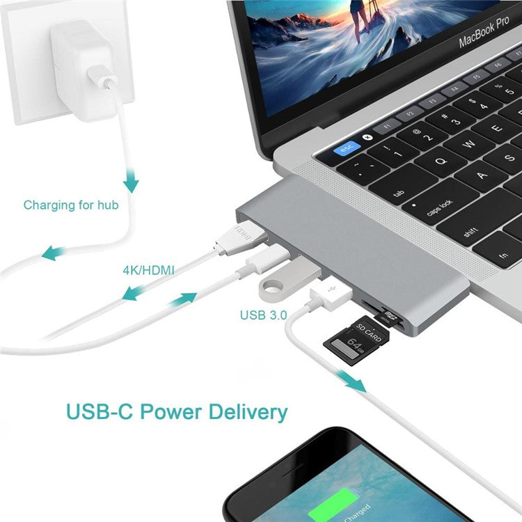 6-in-1 Type C Hub Adapter + 2*USB 3.0 + PD + SD/TF Card Reader Docking Station - Grey