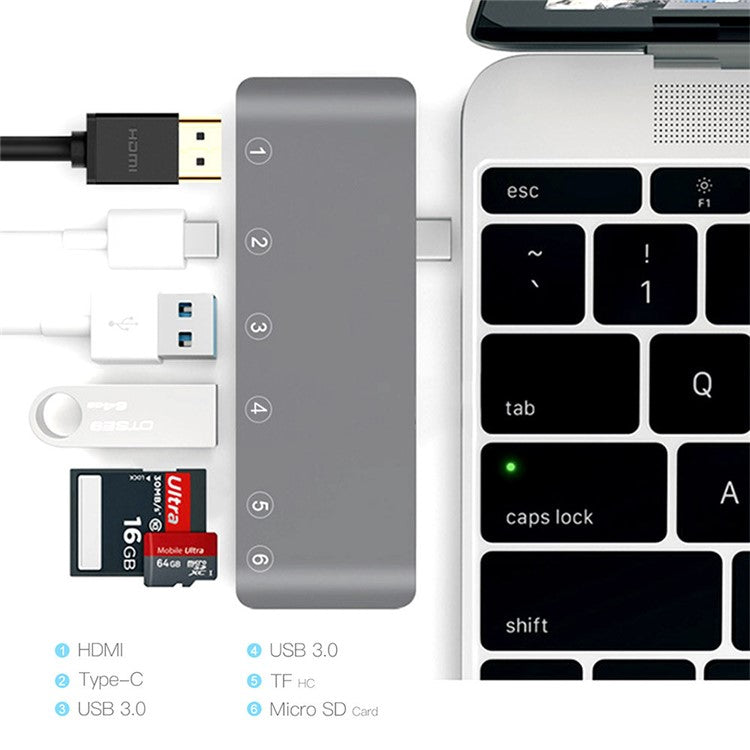 6-in-1 Type C Hub Adapter + 2*USB 3.0 + PD + SD/TF Card Reader Docking Station - Grey