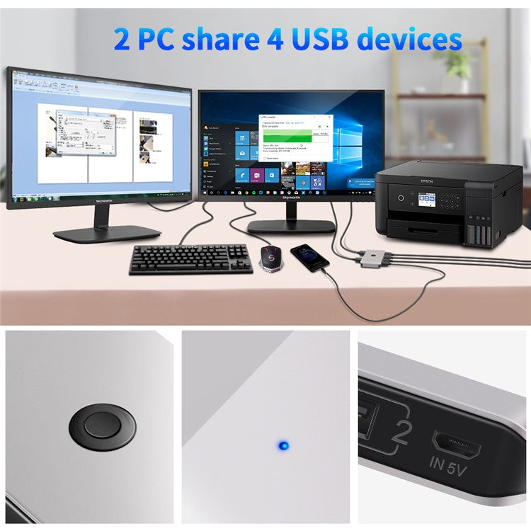 ROCKETEK HC402 USB KVM Switch Box 2 Ports USB3.0 Switcher PC Sharing 4 Devices for Keyboard Mouse Printer Monitor