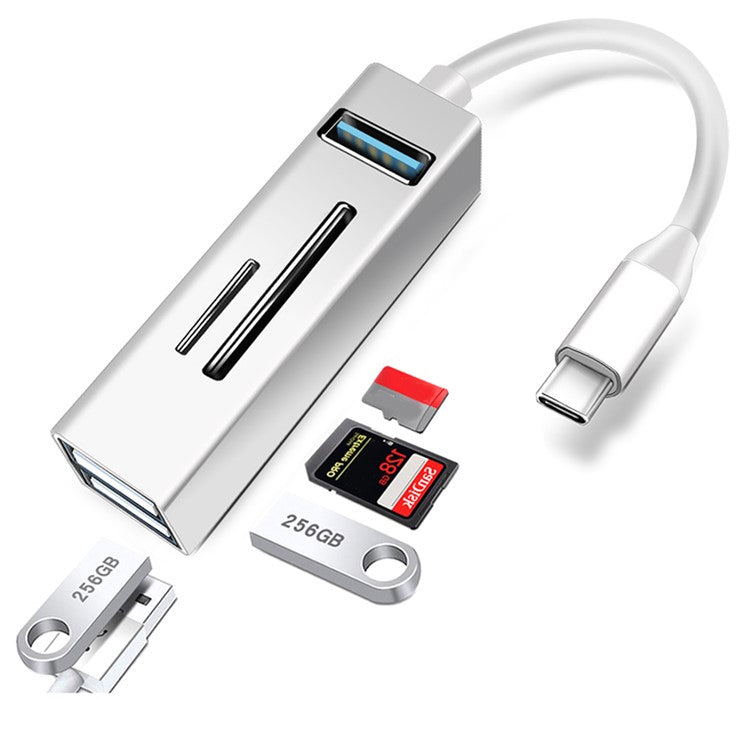 Type-C 5-in-1 Hub Splitter USB3.0 TF Memory Card Reader Adapter Docking Station for Phone Laptop - White