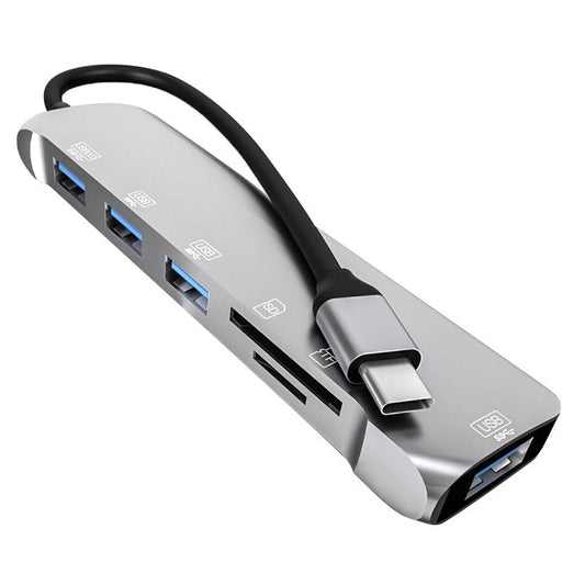 NK-3043H 6 in 1 Type-C to TF / Memory Card Slots / USB3.0 + 3 USB2.0 Converter Portable USB-C Hub Adapter for Keyboard, Mouse, External Hard Disk