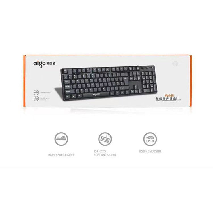 AIGO W921 Computer Wired Keyboard USB Wired Full Size 104-Key Ergonomic Design USB Cable Keyboard for Home and Office