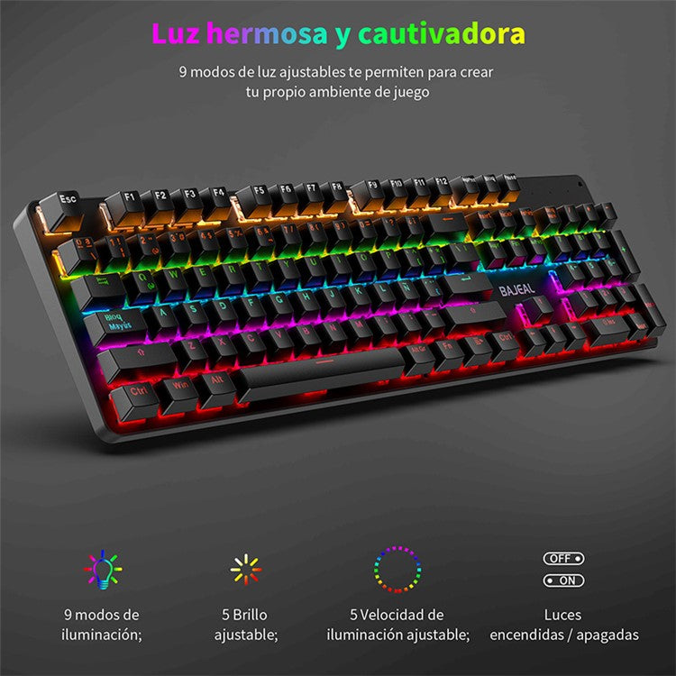 BAJEAL Wired 104 Keys Spanish Keyboard Backlit Computer Laptop Gaming Blue Switch Mechanical Keyboard - Black