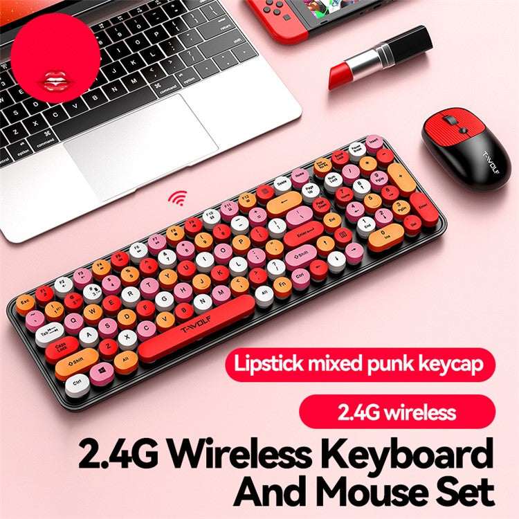 T-WOLF TF350 2.4G Wireless Keyboard Mouse Set Home Office Computer Keyboard + Mouse - Lipstick Color