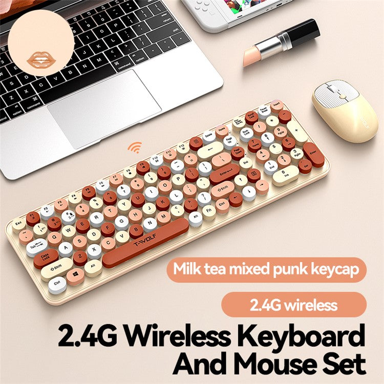T-WOLF TF350 2.4G Wireless Keyboard Mouse Set Home Office Computer Keyboard + Mouse - Milk Tea Color