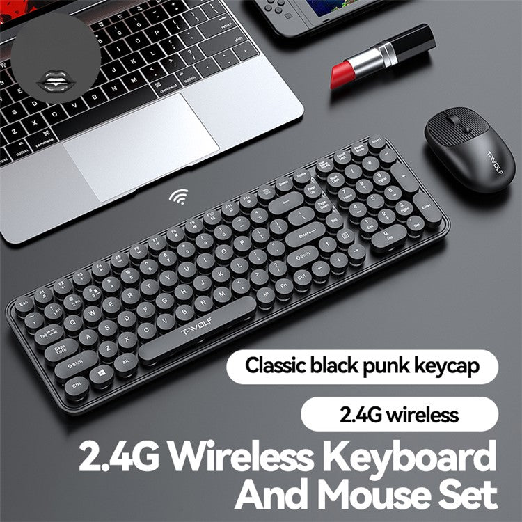T-WOLF TF350 2.4G Wireless Keyboard Mouse Set Home Office Computer Keyboard + Mouse - Black