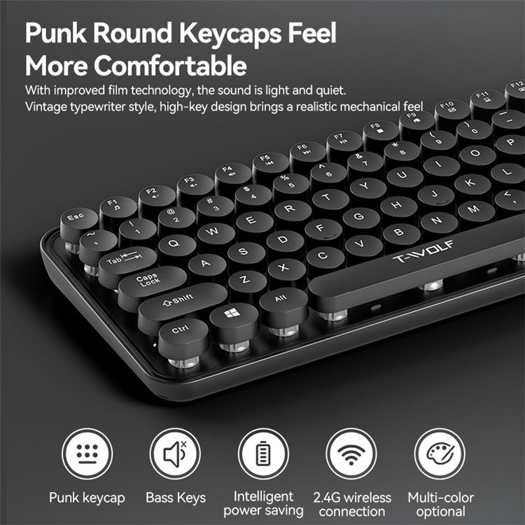 T-WOLF TF350 2.4G Wireless Keyboard Mouse Set Home Office Computer Keyboard + Mouse - Black