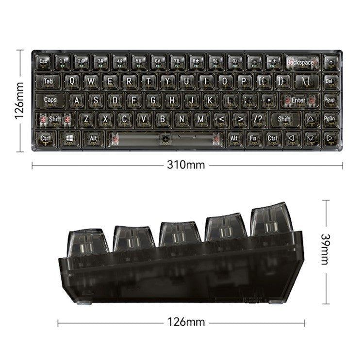 T-WOLF T40 150cm Wired Mechanical Keyboard with Clear Keycaps - Transparent Black