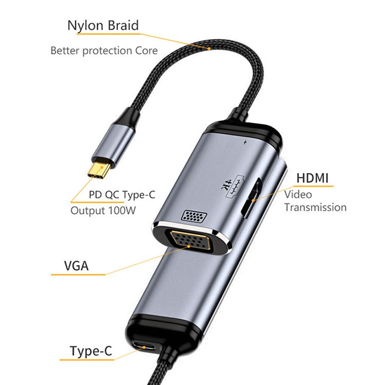USB-C Hub Multi-Port Adapter Type-C to VGA+HD+PD 100W Adapter with Audio Video Transmission