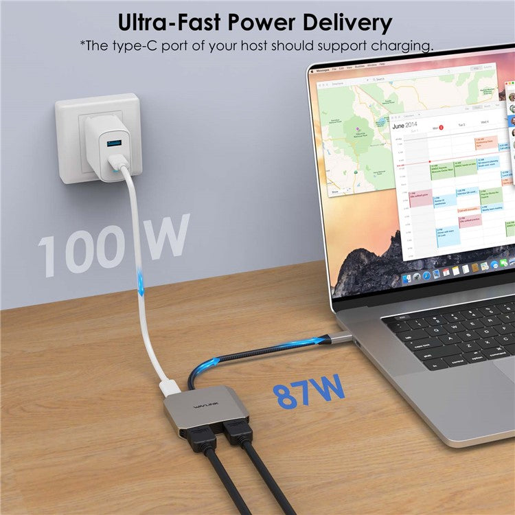 WAVLINK WL-UHP510Pro 87W USB-C Male to Dual HDMI Female Adapter 4K / 60Hz Video Converter