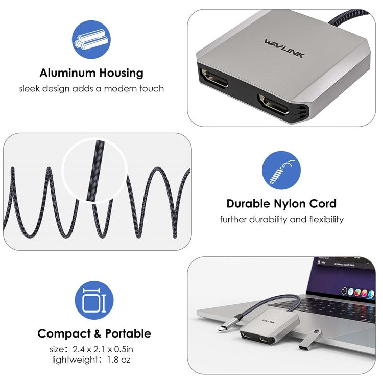 WAVLINK WL-UHP510Pro 87W USB-C Male to Dual HDMI Female Adapter 4K / 60Hz Video Converter