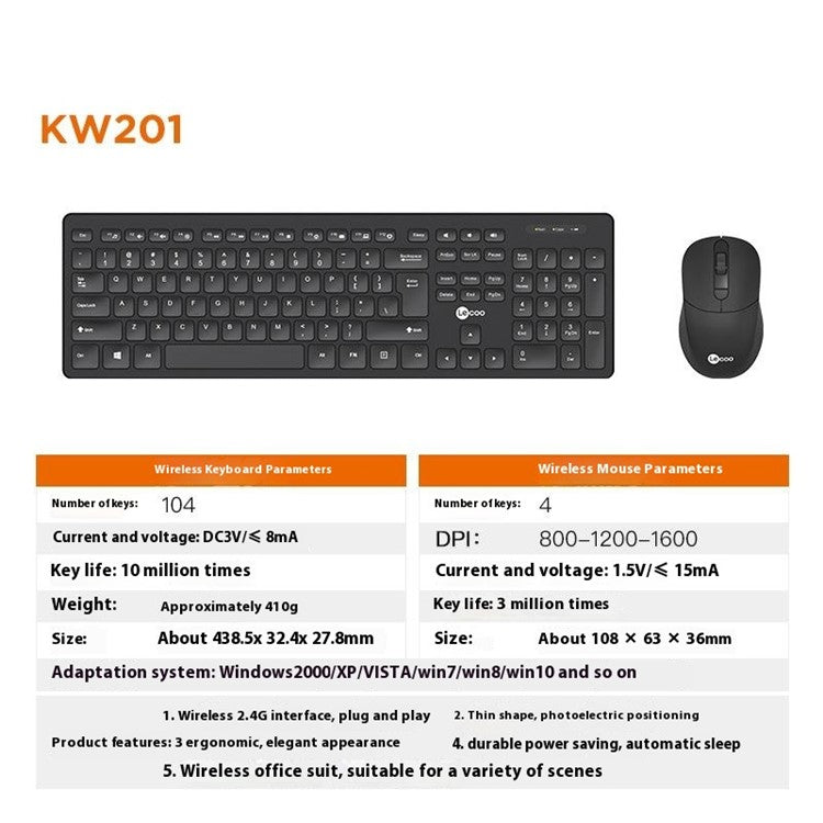 LENOVO LECOO KW201 2.4G Wireless Home Office Keyboard Mouse Set