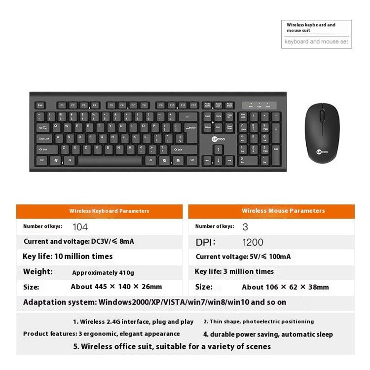 LENOVO LECOO KW200 2.4G Wireless Keyboard and Mouse Combo 104 Keys Office Keyboard
