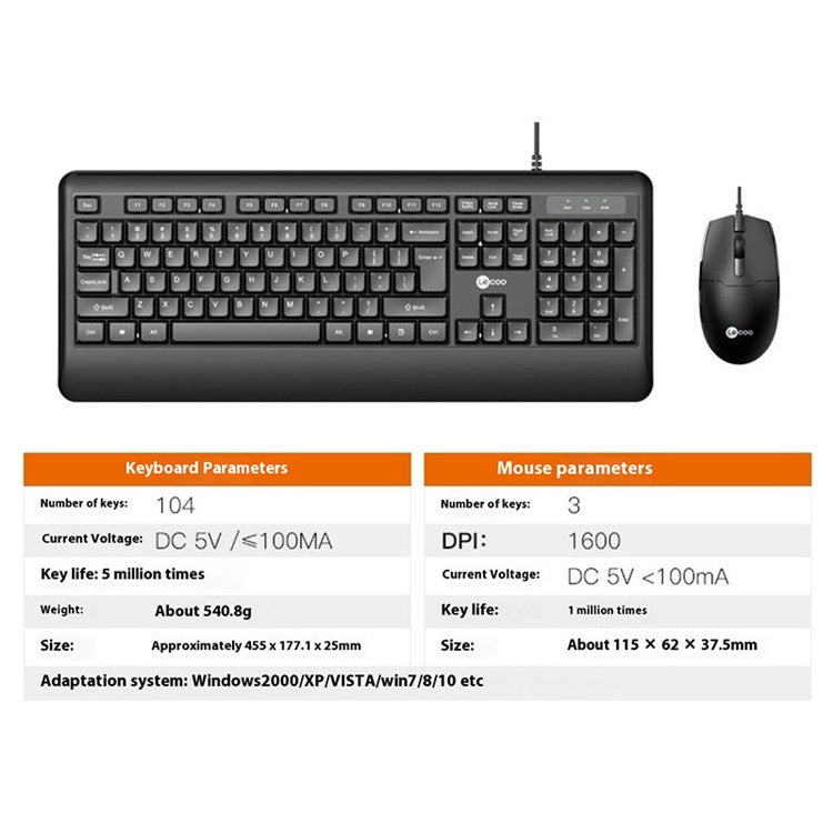 LENOVO LECOO CM104 Wired USB Keyboard and Mouse Combo 104 Keys 1600 DPI for Windows