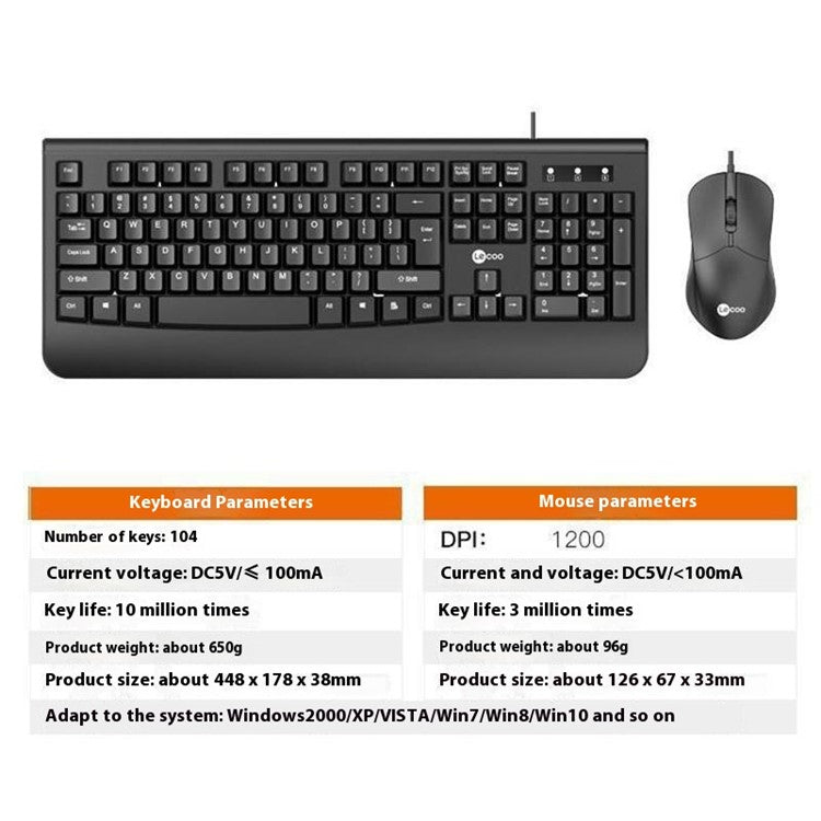 LENOVO LECOO CM105 Office USB Wired Keyboard Mouse Combo with Hand Rest Ergonomic Design