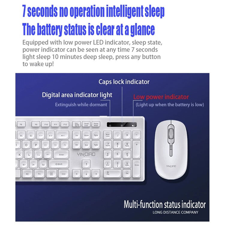 YINDIAO V3Max 2.4G Wireless Smart Sleep Office Keyboard Mouse Set for Computer Laptop - White