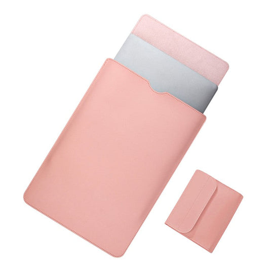 14 inch Laptop Sleeve Ultra-Thin PU Leather Carrying Pouch + Small Bag - Milk Tea Pink