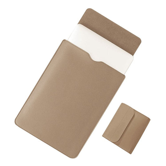 14 inch Laptop Sleeve Ultra-Thin PU Leather Carrying Pouch + Small Bag - Khaki
