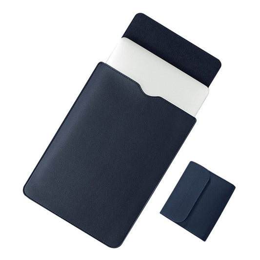 14 inch Laptop Sleeve Ultra-Thin PU Leather Carrying Pouch + Small Bag - Navy Blue