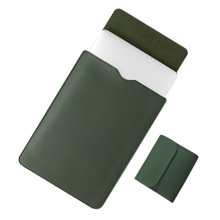 14 inch Laptop Sleeve Ultra-Thin PU Leather Carrying Pouch + Small Bag - Blackish Green