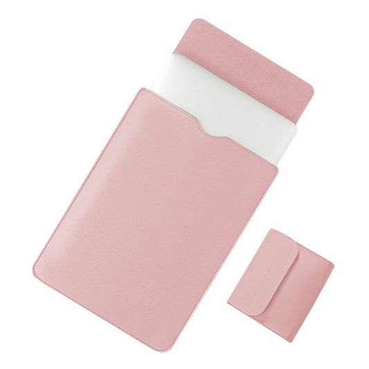 14 inch Laptop Sleeve Ultra-Thin PU Leather Carrying Pouch + Small Bag - Pink