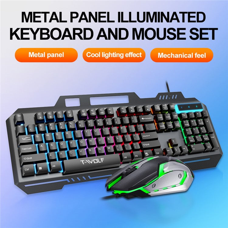 T-WOLF TF600 Backlit Wired 104-Key Gaming Keyboard with Wired Mouse for Gaming Working