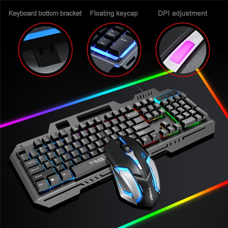 T-WOLF TF600 Backlit Wired 104-Key Gaming Keyboard with Wired Mouse for Gaming Working