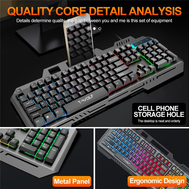 T-WOLF TF600 Backlit Wired 104-Key Gaming Keyboard with Wired Mouse for Gaming Working