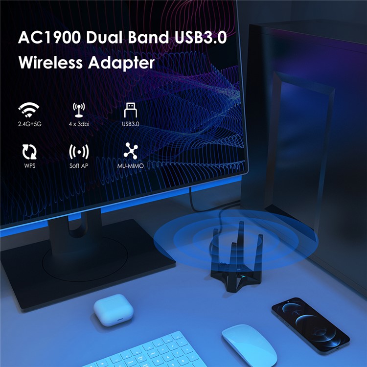 WAVLINK WS-WN693A5-A AC1900 Wireless Dual Band USB 3.0 Adapter 5G / 2.4G WiFi Network Card with External High Gain Antennas
