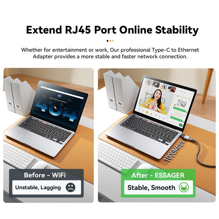 ESSAGER 1000Mbps Ethernet LAN Adapter Aluminum Alloy Type-C to RJ45 Gigabit Network Connector