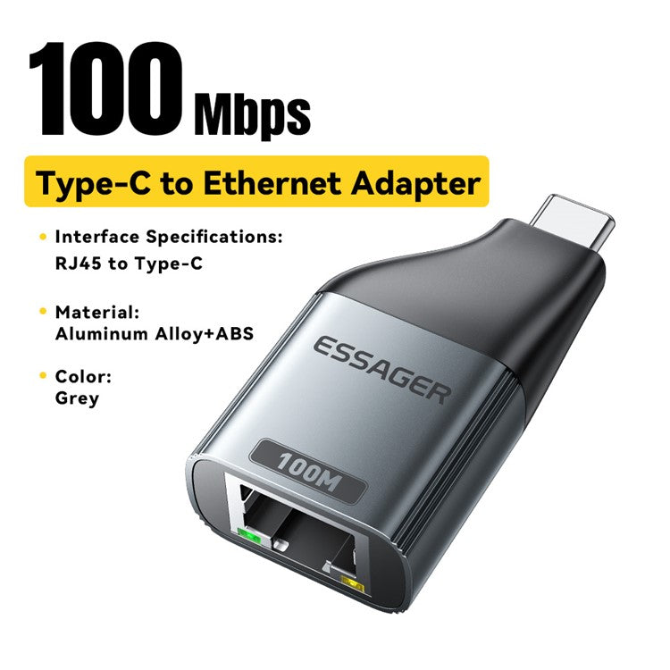 ESSAGER EZJRJ-MJ0G-P Type-C to RJ45 100Mbps Network Connector Aluminum Alloy Ethernet LAN Adapter
