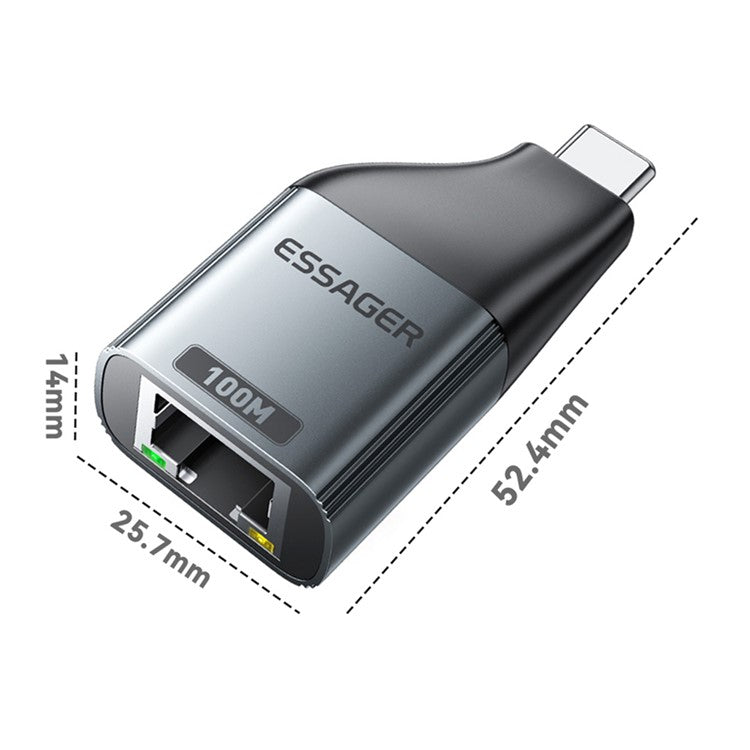 ESSAGER EZJRJ-MJ0G-P Type-C to RJ45 100Mbps Network Connector Aluminum Alloy Ethernet LAN Adapter