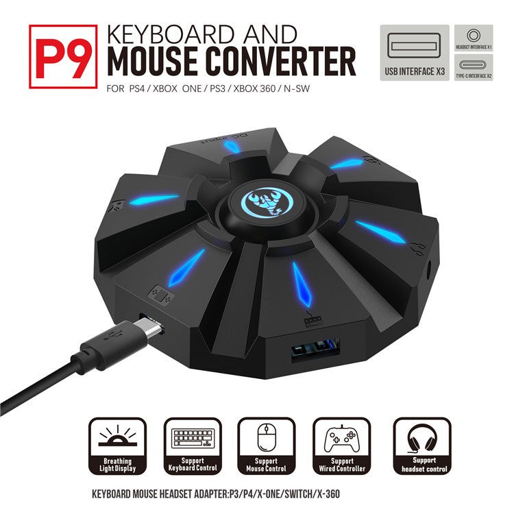 HXSJ P9 Controller Gaming Keyboard Mouse Converter Adapter with LED Light for PS4/PS3/Xbox One