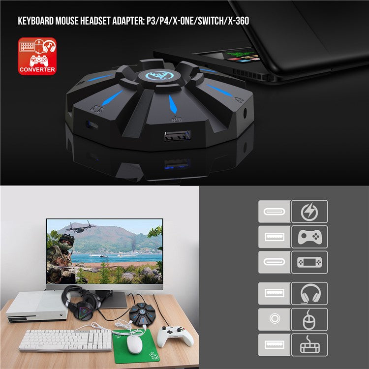 HXSJ P9 Controller Gaming Keyboard Mouse Converter Adapter with LED Light for PS4/PS3/Xbox One