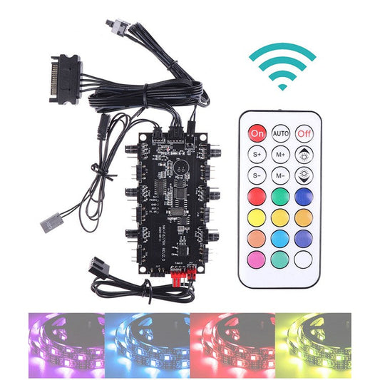 SATA Power Supply 1 to 6 Fan Hub 5V 4Pin PWM 3Pin ARGB Splitter for PC LED Light Cooler Controller with Wireless IR Remote Control