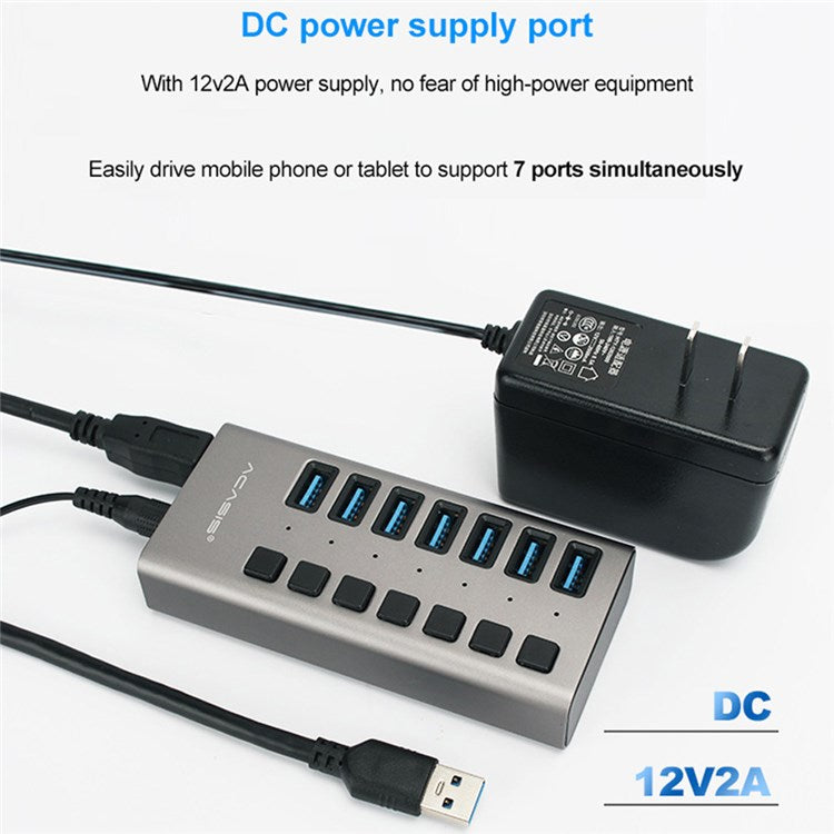 ACASIS HS-707MG 7 Ports USB3.0 5Gbps High Speed Transmission Charging Dock USB Hub Splitter with Independent Switch - US Plug