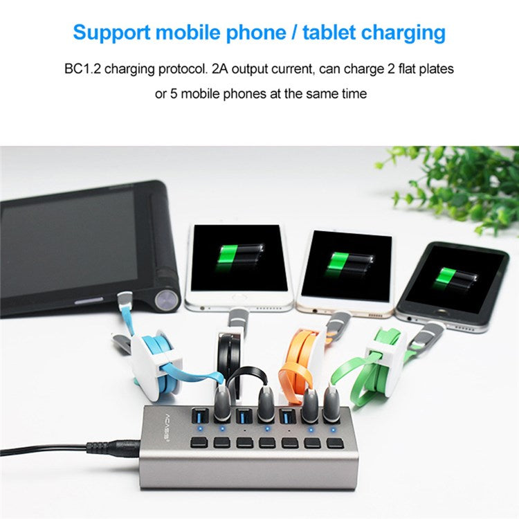 ACASIS HS-707MG 7 Ports USB3.0 5Gbps High Speed Transmission Charging Dock USB Hub Splitter with Independent Switch - UK Plug