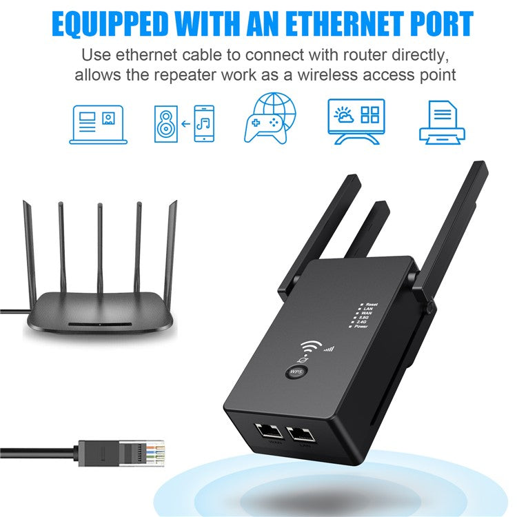 U6 1200m Wireless Router Network Extender Wi-Fi Repeater with External Antenna, WiFi Signal Booster - Black / US Plug