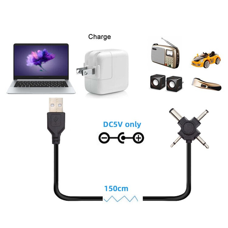 PW-010-MO 4-In-1 USB 2.0 to 5.5x2.5mm 4.0x1.7mm Mono 3.5mm 2.5mm Connector Charge Cable, 1.5m