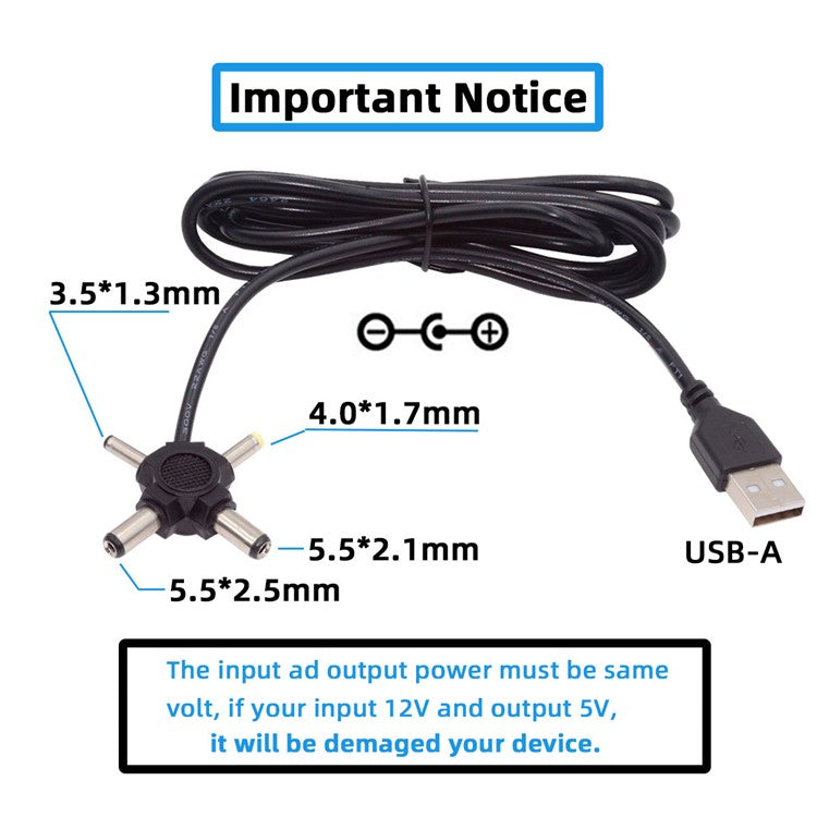 PW-010-AM USB 2.0 to DC 5.5x2.5mm 5.5x2.1mm 4.0x1.7mm 3.5x1.3mm Connector Charge Cable, 1.5m