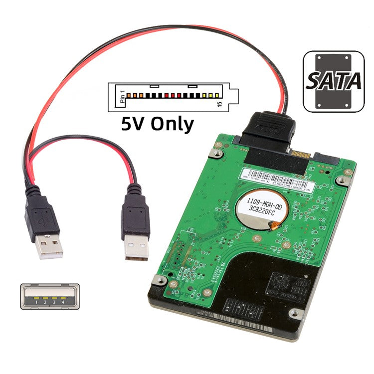 U2-070-2P DC 5V Dual USB to SATA 15-Pin Power Cable for 2.5 inch SATA HDD SSD Disk Driver, 5V 2A Max