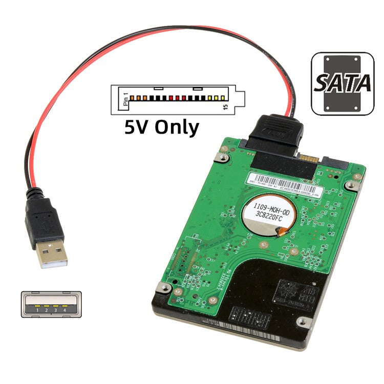 U2-070-1P DC 5V Single USB to SATA 15-Pin Power Cable for 2.5-inch SATA HDD SSD Disk Driver, 5V 2A Max