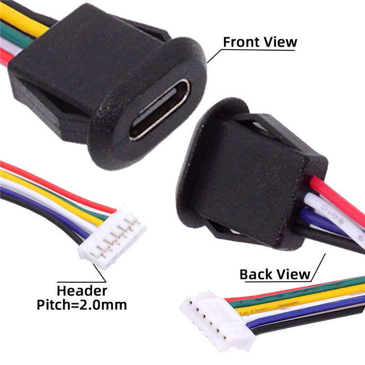 CN-025-6P 5Pcs / Set DIY OEM Type C Female Socket to 6 Pin Header Cable Pitch 2.0mm Latch Mount Type DC 5V / 20V PD Power