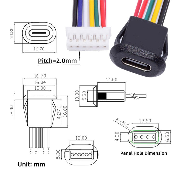 CN-025-6P 5Pcs / Set DIY OEM Type C Female Socket to 6 Pin Header Cable Pitch 2.0mm Latch Mount Type DC 5V / 20V PD Power