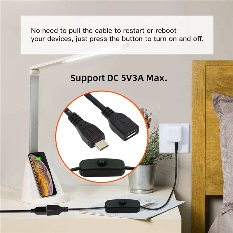 PW-012-MM Micro USB2.0 Cable with On / Off Power Switch Button Micro 5 Pin Male to Female for DC 5V Desk Lamp Fan Camera