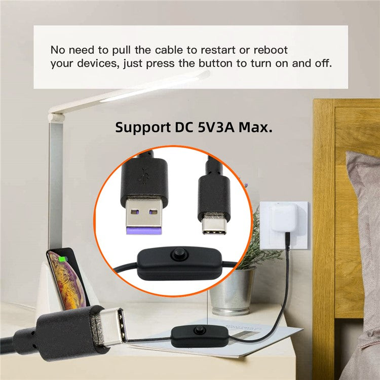 PW-015-TC 1m Type-C Male to USB-A Male USB2.0 Cable with On / Off Power Switch Button for DC5V Desk Lamp Fan Camera